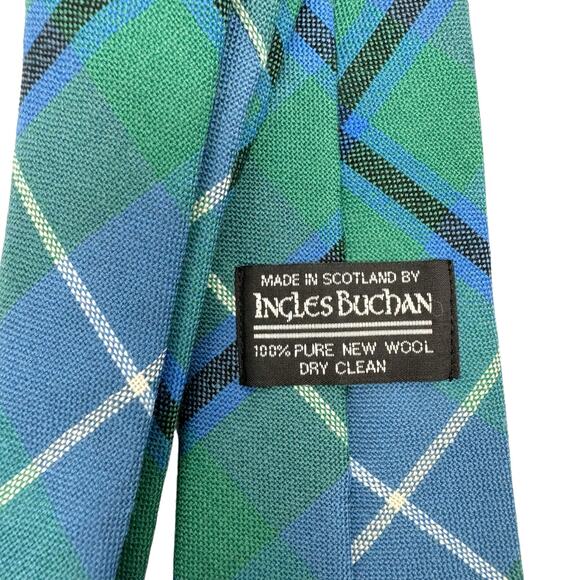 Ingles Buchan Vintage Scotland 100% Pure Wool Kelly Green Blue Tartan Plaid Tie - Picture 4 of 6